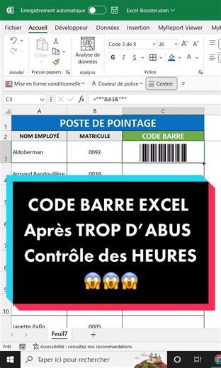 Comment créer un code barre pour contrôler les heures de présence des équipes? 🤔 #apprendreexcel #astuceexcel #excelfrancais #microsoftexcel #excel