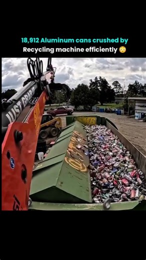 Artist on Instagram: "An aluminum can recycling compactor is shown in action. Thousands of aluminum cans are loaded into the machine. Hydraulic arms crush and compress the cans into dense blocks, reducing their volume for easier handling. A total of 18,912 cans are processed in a single operation. The compacted blocks are ready for transport to melting facilities, allowing the aluminum to be reused efficiently and sustainably. The process saves space, reduces waste, and supports large-scale recy
