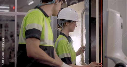 female technician operating cnc machine control panel while receiving guidance from male colleague during hands-on manufacturing training in modern industrial factory engineering environment