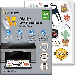 Vinyl Sticker Paper, Matte Printable Sticker Paper for Inkjet Printer, Quick Drying, Water Resistant, Scratch Resistant, Sticks to Most Surfaces, 8.5 x 11 Inches, 40 Sheets
