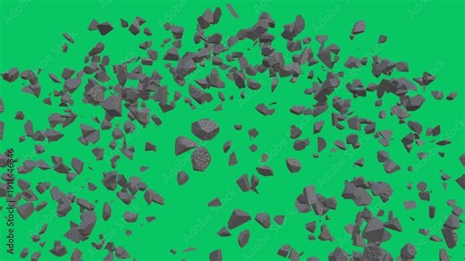 Set of four three dimensional grey stone explosion animations with different large and small explosion scales on green screen