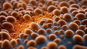 Bacteria virus or germs microorganism cells under microscope. Microbiome intestine factories microbiota. Many microbes under microscope close up. Realistic molecular cells bacterium colony.