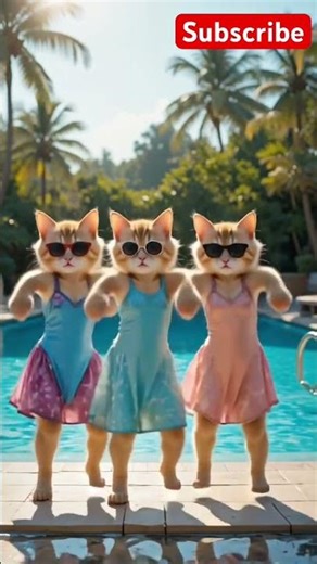 “3 Cool Cats Dancing in Pool Dresses by the Swimming Pool 😎💦💃”