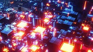 Pixel city in an illuminated space. Infinitely looped animation