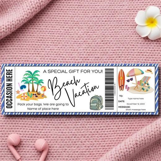 Beach Vacation Surprise Reveal Ticket Printable, Tropical Trip Gift Voucher, Editable Ocean Travel Ticket Template, Instant Download - Etsy