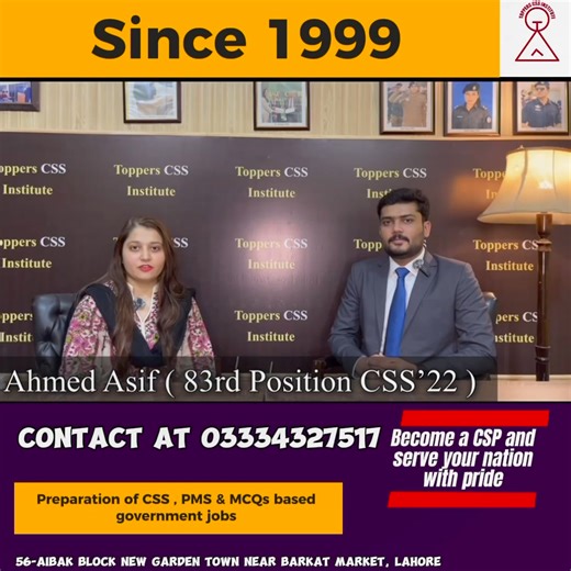 Toppers CSS Institute | Since 1999 | Mentor to 1000 CSPs | For CSS , PMS & MCQs based government jobs! Online/Physical classes. Promising the best faculty , test system & academic experience. Starting our new sessions and test series soon. Admissions are open! Contact number 03334327517. Address : https://g.co/kgs/FGx2Qr 56-aibak block new garden town near barkat market, Lahore. Instagram : https://www.instagram.com/invites/contact/?i=gawrqbpmpoq9&utm_content=m8debjm YouTube : https://youtube.co