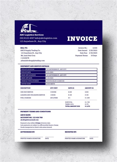 Trucking & Logistics Invoice Template | Editable Canva Invoice for Transportation, Freight, and Delivery Businesses - Etsy