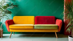 A colorful couch sits in a modern living room with green and red walls