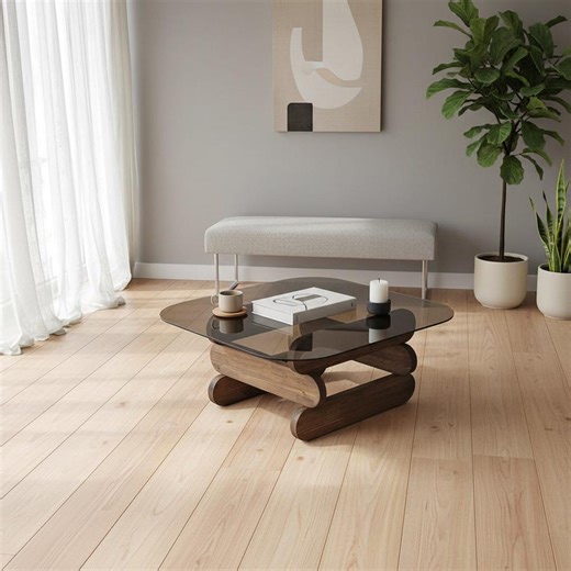 Solid Wood Glass Coffee Table – Modern Square Coffee Table – Smoked Glass Top Table – Unique Wood Base Living Room Table - Etsy