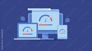 Website loading speed test, internet connection speed, speedometer on desktop, laptop and mobile screen, search bar with magnifier, conceptual video animation. Stock Video