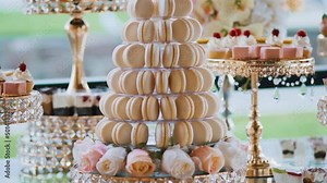 Sweet buffet with variety of desserts. Exquisite confectionery. Candy bar. Macaroon slide. Sponge cakes with cream, mousse and jelly desserts on gold stands. Expensive sweets at party. Medium shot