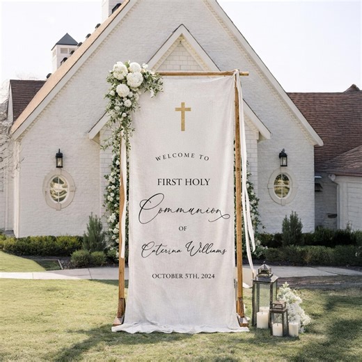 Linen First Holy Communion Banner, Personalized Communion Welcome Sign, Custom Catholic First Communion Backdrop Decor - Etsy