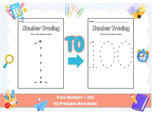 Number Tracing Worksheets 1-100 | Preschool Kindergarten Math Activity (PDF Download) - Etsy