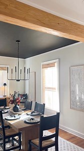 We took a risk with painting the dining ceiling black - but love how it turned out! Who else loves black paint right now?! Our black paint color we used is called “Tricorn” by Sherwin Williams! 🤩 #kitchendesign #kitchen #kitchenisland #diningroom #diningroomdesign #diningroomdecor #blackpaint #blackceiling #blackaccentwall #accentceiling #blackkitchen #kitchenremodel #kitchenhood #rangehood #home #homeinterior #homestyling #homestyle #kitchenstyle #diningroomstyle #diningroomsofinstagram #kitch