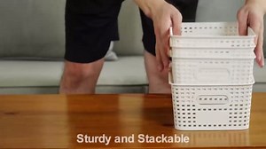 Small Plastic Storage Bins with Bamboo Lids 5.2qt Stackable Box Basket Pantry Decorative Containers Cute with Lable for Organizing Desktop Closet Office Cream White of 6 packs 10*7.2*4.1'’