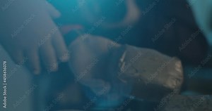 Crime Scene Investigators In Drug Den Taking Photos Of Meth Or Cocaine. Officer Places Drugs In Evidence Bag, Lens Flares. Camera Flashes, Slow Motion