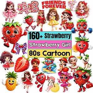 160  Retro Strawberry Girl PNG Bundle | 80s & 90s Cartoon Style Berry Friends Clipart | Cute Coquette Bow Vintage Sticker Pack - Etsy