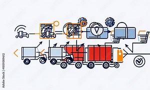 A flowchart illustrating logistics and transportation processes with icons and arrows.