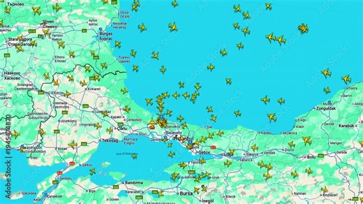 Air traffic radar map showing dense flight activity over Istanbul, Aviation monitoring interface with aircraft positions, routes, and real-time data