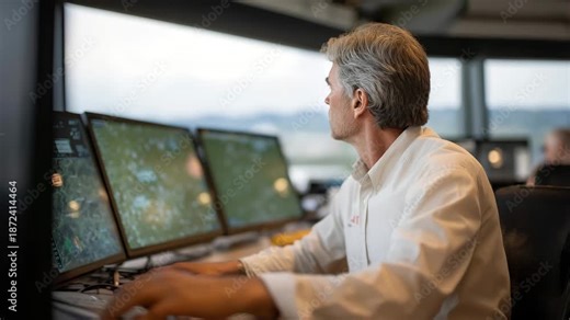 Air traffic controller monitoring multiple aircraft on a large radar screen inside a control tower, illustrating aviation safety, precision, and real-time decision making. cinematic color