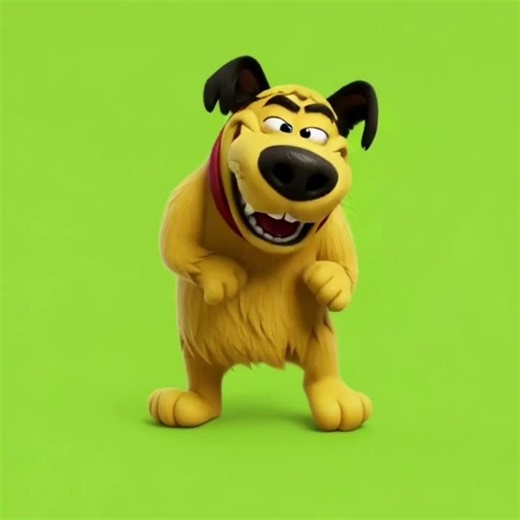 A funny cartoon dancing dog becomes angry and serious.