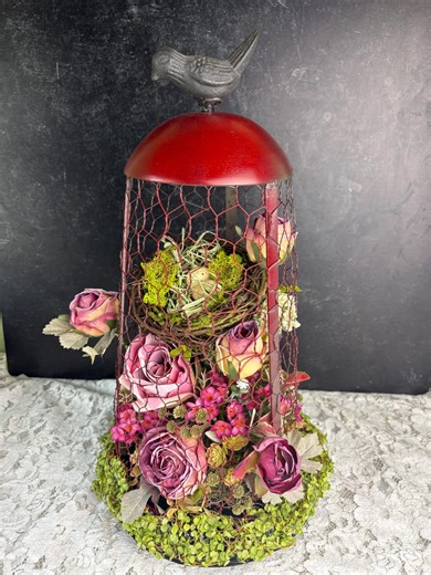 Garden Cloche Floral Arrangement With Pink Roses, Bird Topper & Nest | Romantic Cottagecore Spring Decor - Etsy