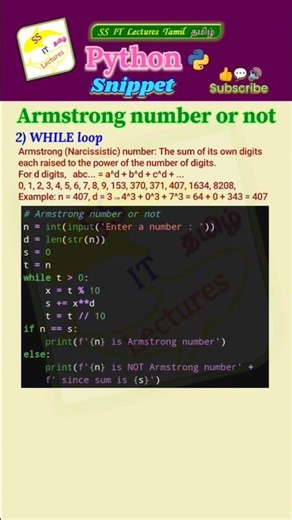 Python Program,Snippet - Armstrong Number While loop #pythonprogramming#pythoncoding#shorts#trending