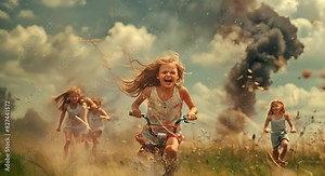 A group of frightened children run away from explosions in horror.