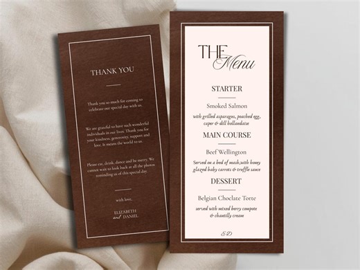 Elegant Menu and Place Card Set, Brown Dinner Menu and Thank You Card, Instant Download, Old Money Wedding Menu Card Template, Printable - Etsy