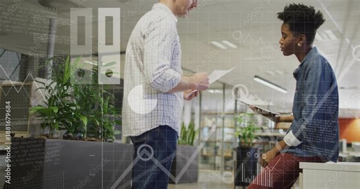 Lead presenting report activating cloud icon and visualizing data around analyst for project review