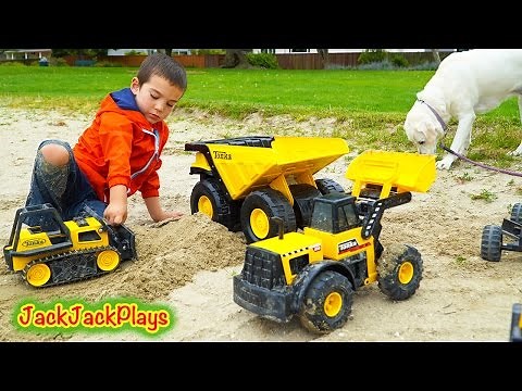Unboxing & Digging with GIANT Tonka Dump Truck Toy! | Construction Toys for Kids | JackJackPlays