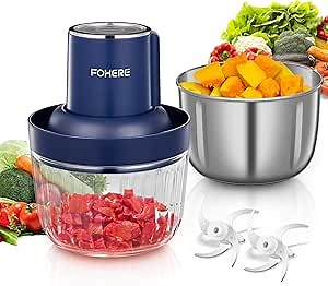 FOHERE Food Processors, Electric Food Chopper with Meat Grinder & Vegetable Chopper with 2 Bowls (8 Cup+7 Cup), 2 Sets of Bi-Level Blades for Fruits/Meat/Nuts/Baby Food, Blue