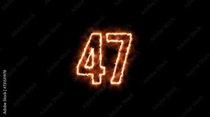 Number 47 fire Animation on a black background. Number Forty Seven is burning in flames Animation on Isolated Black Background