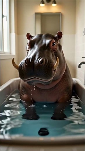 Cute baby hippo taking a bath - AI animation - Tierno bebé hipopótamo tomando un baño