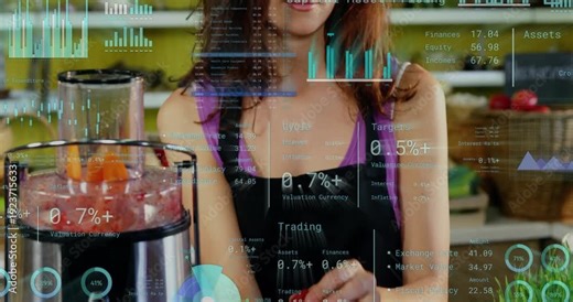 Cook preparing health smoothie, loading blender, pressing start and starting charts over counter