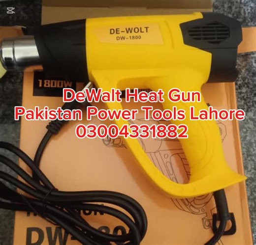 Heat Gun Heavy Duty Best Quality Variable DeWalt DW- 1800 Heat Gun, 1800 W Model: DW 1800 Pakistan Power Tools Lahore 03004331882 Description: Heavy Duty Hot Air Gun Kit Variable Temperature Control with temperature Control functions. Technical Specifications: Rated Input Power: 1800Watt Rated Voltage: 220- 240V Rated Frequency: 50/60 Hz Temperature: 60C- 400C Temperature II: 60C - 600C Air Output I: 250L/min Air Output II: 500L/min Overload Protection with Nozzles for Crafts, Shrink Tubing/Wrap