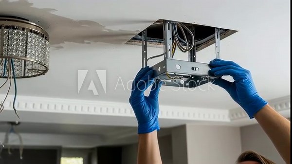 footage of removing old fixtures and retrofitting a ceiling fan brace box in a living room ceiling retrofit project.