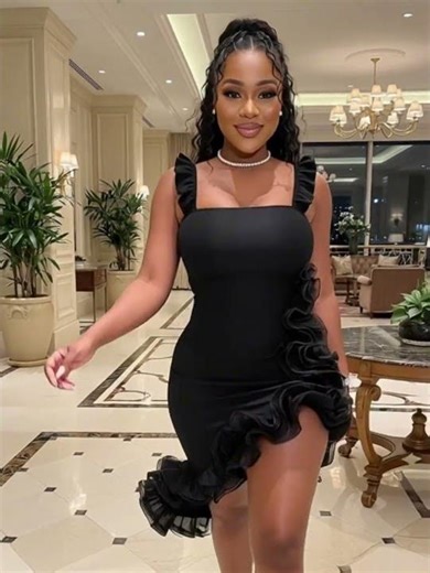 Black Sleeveless Ruffle Strap Mini Dress | Asymmetric Frill Split Thigh Bodycon Evening Gown