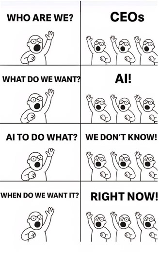 The “CEOs chasing AI” meme is everywhere right now. It is usually meant to mock leaders blindly chasing hype. But the joke misses the point. CEOs should want AI, and they should want it now. 𝗧𝗵𝗲𝗿𝗲 𝗶𝘀 𝗻𝗼𝘁𝗵𝗶𝗻𝗴 𝘄𝗿𝗼𝗻𝗴 𝘄𝗶𝘁𝗵 𝗻𝗼𝘁 𝘆𝗲𝘁 𝗸𝗻𝗼𝘄𝗶𝗻𝗴 𝗲𝘅𝗮𝗰𝘁𝗹𝘆 𝗵𝗼𝘄 𝗶𝘁 𝗮𝗽𝗽𝗹𝗶𝗲𝘀 𝘁𝗼 𝘆𝗼𝘂𝗿 𝗰𝗼𝗺𝗽𝗮𝗻𝘆 𝗼𝗿 𝗶𝗻𝗱𝘂𝘀𝘁𝗿𝘆. Everyone is feeling the shift: 🏃 Competitors are getting more efficient and moving faster 🤖 New players are entering with your servic