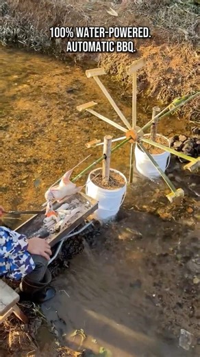 Water wheel turning your meat perfectly #bbq #invention