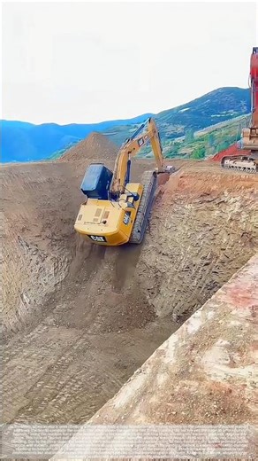 Excavator climbing out of a deep pit