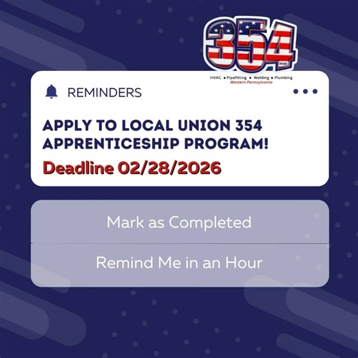 Our apprenticeship applications are open until February 28, 2026! Skilled trades careers are booming, offering hands-on experience, competitive wages, and a clear path to long-term success. Don’t miss your chance to start a rewarding career in the trades. Learn more: https://bit.ly/4gX6bjV #LocalUnion354 #Apprenticeships #Welding #Plumbing #Pipefitting #HVAC | Plumbers and Pipefitters Union, Local 354