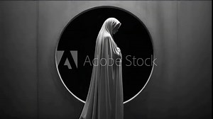 Muslim woman in hijab. Mannequin in dress and hijab. Modesty. Religion Islam. A woman in a white robe stands in front of a circular opening. The woman is wearing a veil and she is praying.