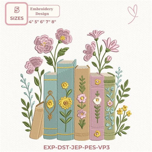 Floral Books Embroidery Design, Cottagecore Book Stack Pattern, Book Lover Machine Embroidery File, 5 Sizes, Instant Download - Etsy