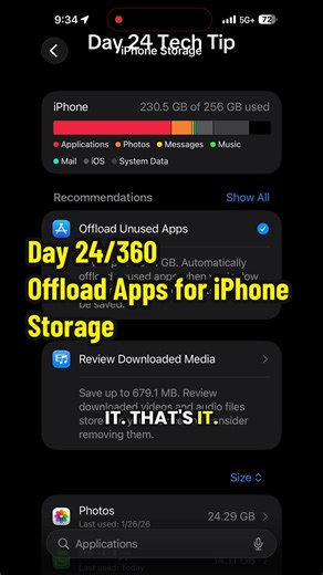 Day 24/360 digital declutter tech tip is to enable to offload apps setting. #techtips #tiktoklearningcampaign #iphonehacks