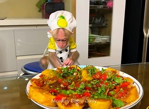Special Dishes! Chef BiBi monkey cook steak for dinner, BiBi has 10 month old use fork proficiency | Monkey Show Daily