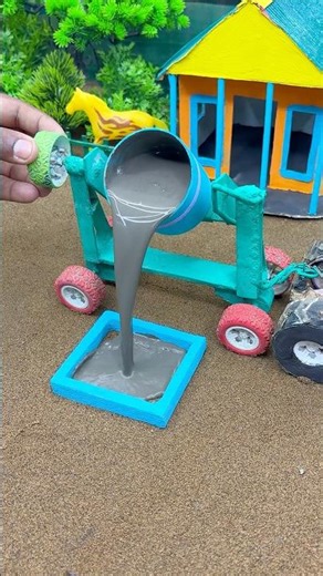Mini Cement Mixer Pouring Concrete into filler ￼ | DIY Mini Construction Build #miniconstruction