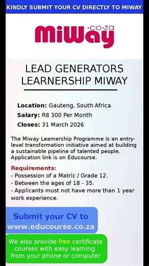 Apply for the Lead Generators Leanership from Miway. Salary: R8 000 Per Month, Location: Gauteng, South Africa. Application link is on Educourse. Complete Free Courses and Free Certificates on Educourse today! #sama28❤🔥🔥 #sama28 #fyp #southafrica #southafricatiktok🇿🇦