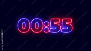 Neon Light 60 Seconds Countdown on black background. Timer from 60 to 0 seconds.