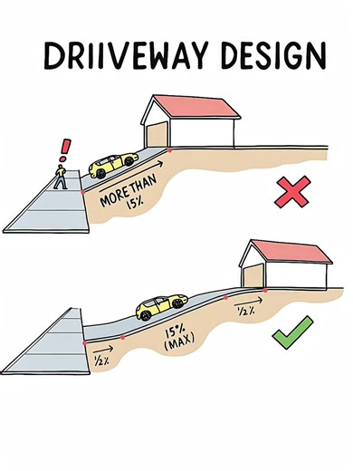 Basic Knowledge for Civil Engineering | Driveway Design Maximum Slope | Banu Mukhtar 📘 Basic Information: In driveway design, maintaining the correct slope or gradient is essential for safe vehicle movement and proper drainage. If the slope is too steep, vehicles may slip or scrape the base. If it’s too flat, water may not drain properly — causing damage over time. ⚙️ Standard Driveway Slope Guidelines: 🚗 Residential Driveway: 1:10 to 1:15 (6.6%–10%) 🏢 Commercial / Parking Ramps: 1:20 (5%) pr